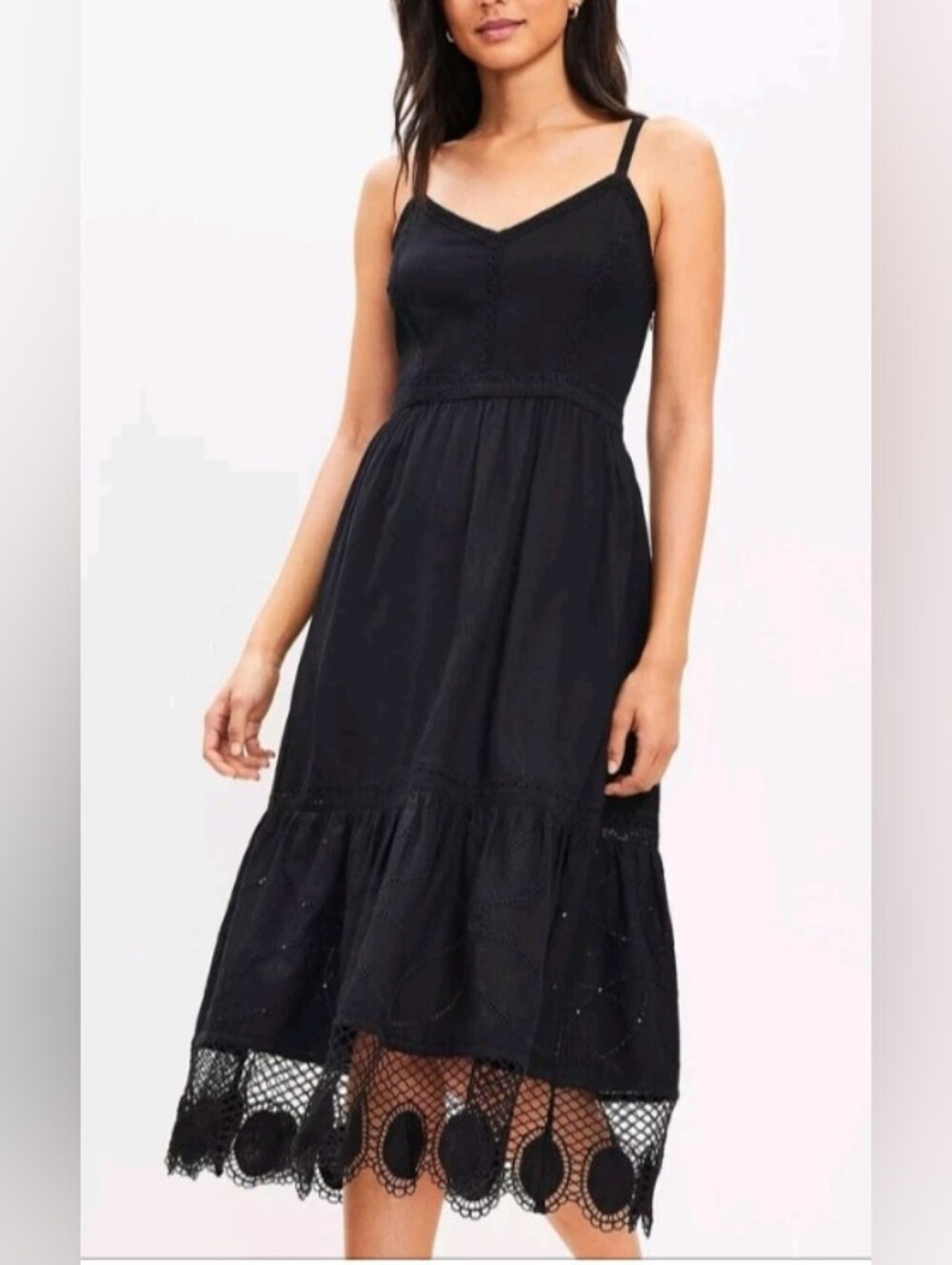 Loft Eyelet Lace Trim Linen Blend Strappy Midi Dress Black Sz 0 New w/ Flaw